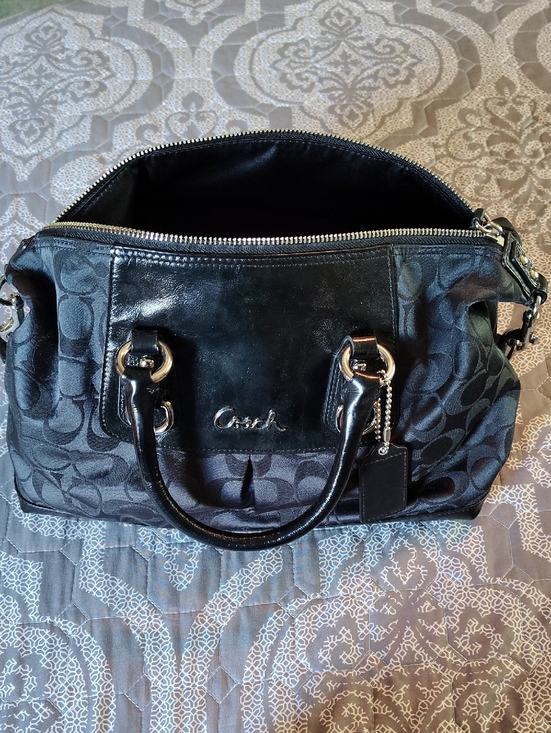 Coach Handbags - Coach Black Signature Pattern with Patent Trim And Silver Hardware